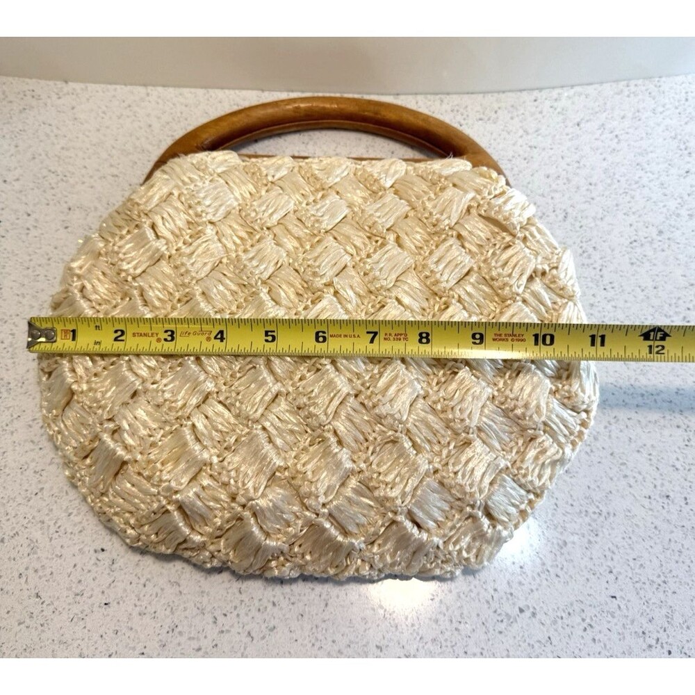 Vintage Purse Woven Straw Raffia Handbag Floral Wooden Handle Cream 1960's - Picture 13 of 13